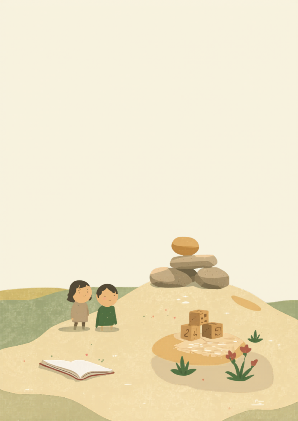 Two children playing beside a small stack of balanced stones at golden hour