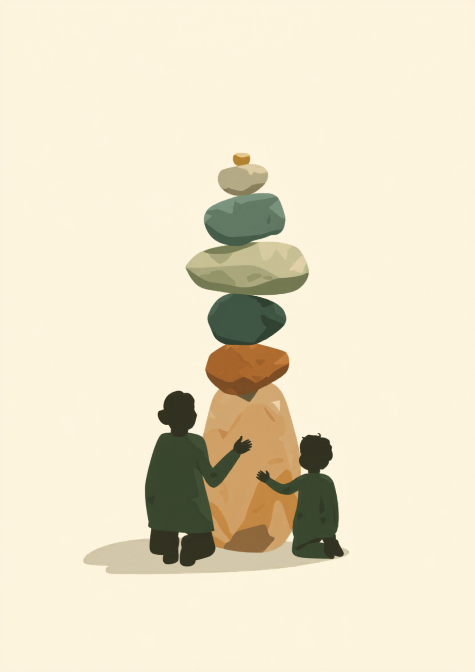 A parent and child stacking stones into a cairn